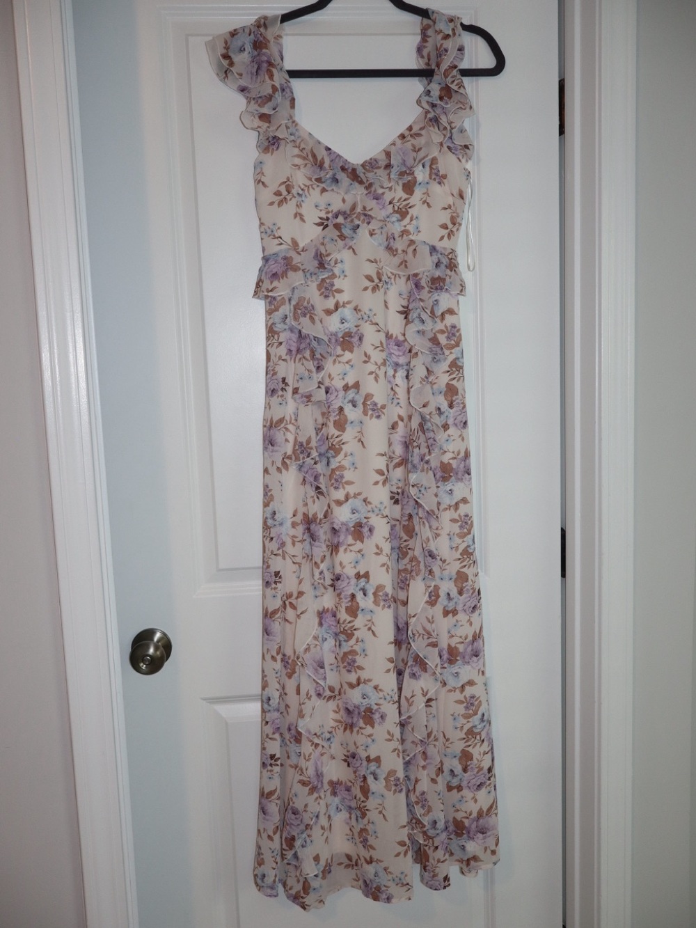 Francesca’s Cream Maxi Dress with Lavender and Brown Floral Print